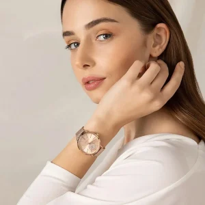 mk3845 michael kors watch women crystals rose gold dial metal stainless steel mesh strap quartz battery analog three hand portia 11