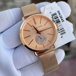mk3845 michael kors watch women crystals rose gold dial metal stainless steel mesh strap quartz battery analog three hand portia 14