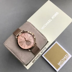 mk3845 michael kors watch women crystals rose gold dial metal stainless steel mesh strap quartz battery analog three hand portia 15