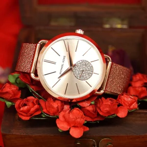mk3845 michael kors watch women crystals rose gold dial metal stainless steel mesh strap quartz battery analog three hand portia 16