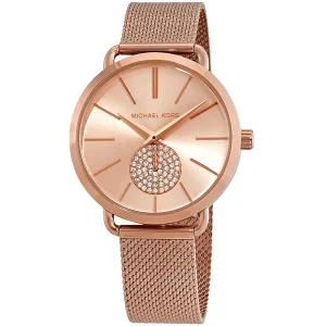 mk3845 michael kors watch women crystals rose gold dial metal stainless steel mesh strap quartz battery analog three hand portia 2