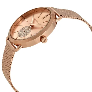 mk3845 michael kors watch women crystals rose gold dial metal stainless steel mesh strap quartz battery analog three hand portia 3
