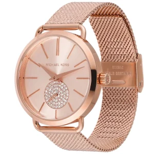 mk3845 michael kors watch women crystals rose gold dial metal stainless steel mesh strap quartz battery analog three hand portia 4