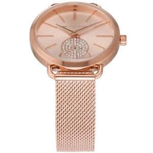 mk3845 michael kors watch women crystals rose gold dial metal stainless steel mesh strap quartz battery analog three hand portia 5