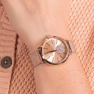 mk3845 michael kors watch women crystals rose gold dial metal stainless steel mesh strap quartz battery analog three hand portia 9