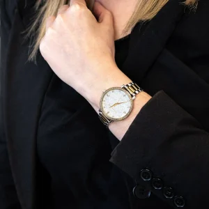 mk4595 michael kors watch women mk logo white dial metal stainless steel silver gold two tone strap quartz battery analog three hand pyper 17