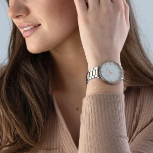 mk4667 michael kors watch women mk logo white dial metal stainless steel silver rose gold two tone strap quartz battery analog three hand pyper 12