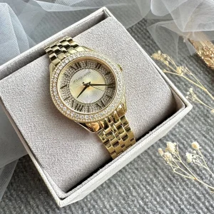 mk4709 michael kors watch women crystals gold dial metal stainless steel golden strap quartz battery analog three hand harlowe 16