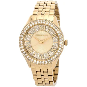 mk4709 michael kors watch women crystals gold dial metal stainless steel golden strap quartz battery analog three hand harlowe 2