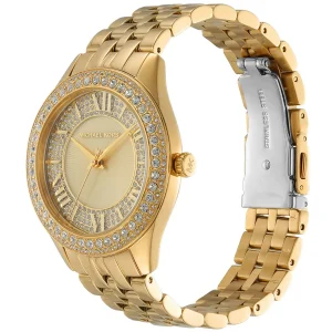 mk4709 michael kors watch women crystals gold dial metal stainless steel golden strap quartz battery analog three hand harlowe 3