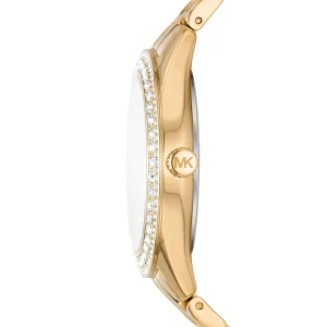 mk4709 michael kors watch women crystals gold dial metal stainless steel golden strap quartz battery analog three hand harlowe 5