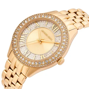 mk4709 michael kors watch women crystals gold dial metal stainless steel golden strap quartz battery analog three hand harlowe 7