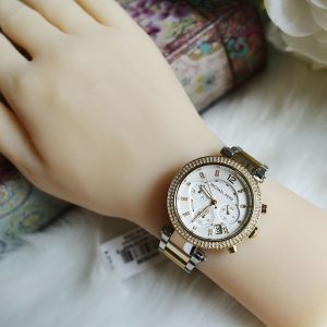 mk5626 michael kors watch women silver dial stainless steel metal gold two tone strap quartz analog chronograph parker 6