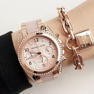 mk5943 michael kors chronograph watch women rose gold dial metal stainless steel purple strap quartz battery analog crystals blair 14