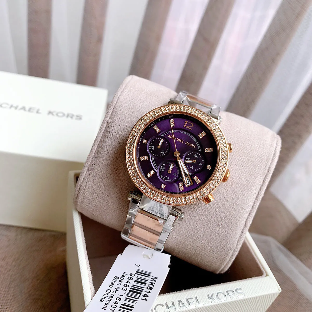 mk6108 michael kors watch women crystals purple dial metal stainless steel silver rose gold two tone strap quartz battery analog chronograph parker 10 mk6108 michael kors watch women crystals purple dial metal stainless steel silver rose gold two tone strap quartz battery analog chronograph parker 10