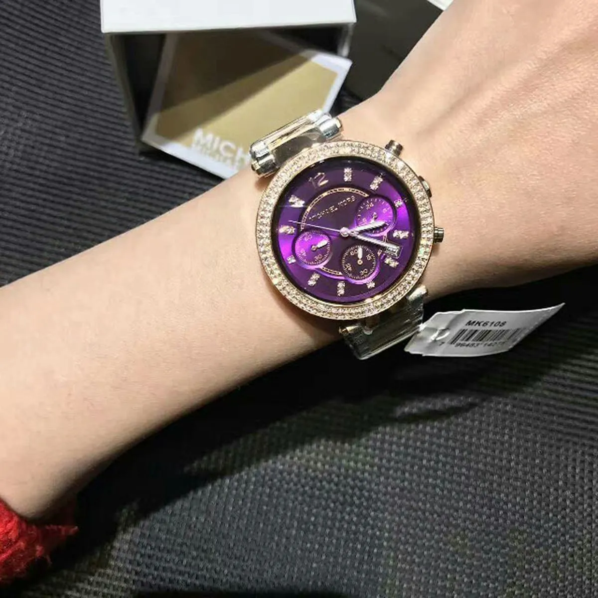 mk6108 michael kors watch women crystals purple dial metal stainless steel silver rose gold two tone strap quartz battery analog chronograph parker 4 mk6108 michael kors watch women crystals purple dial metal stainless steel silver rose gold two tone strap quartz battery analog chronograph parker 4