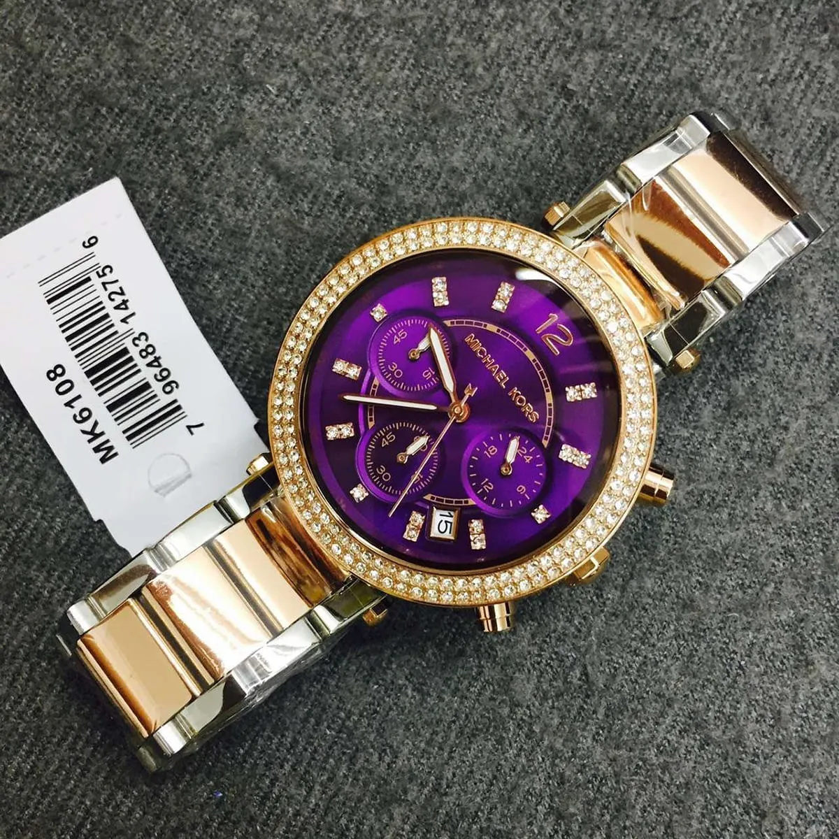 mk6108 michael kors watch women crystals purple dial metal stainless steel silver rose gold two tone strap quartz battery analog chronograph parker 5 mk6108 michael kors watch women crystals purple dial metal stainless steel silver rose gold two tone strap quartz battery analog chronograph parker 5