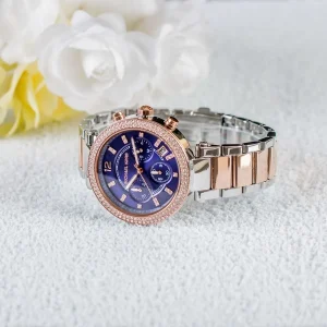 mk6108 michael kors watch women crystals purple dial metal stainless steel silver rose gold two tone strap quartz battery analog chronograph parker 6