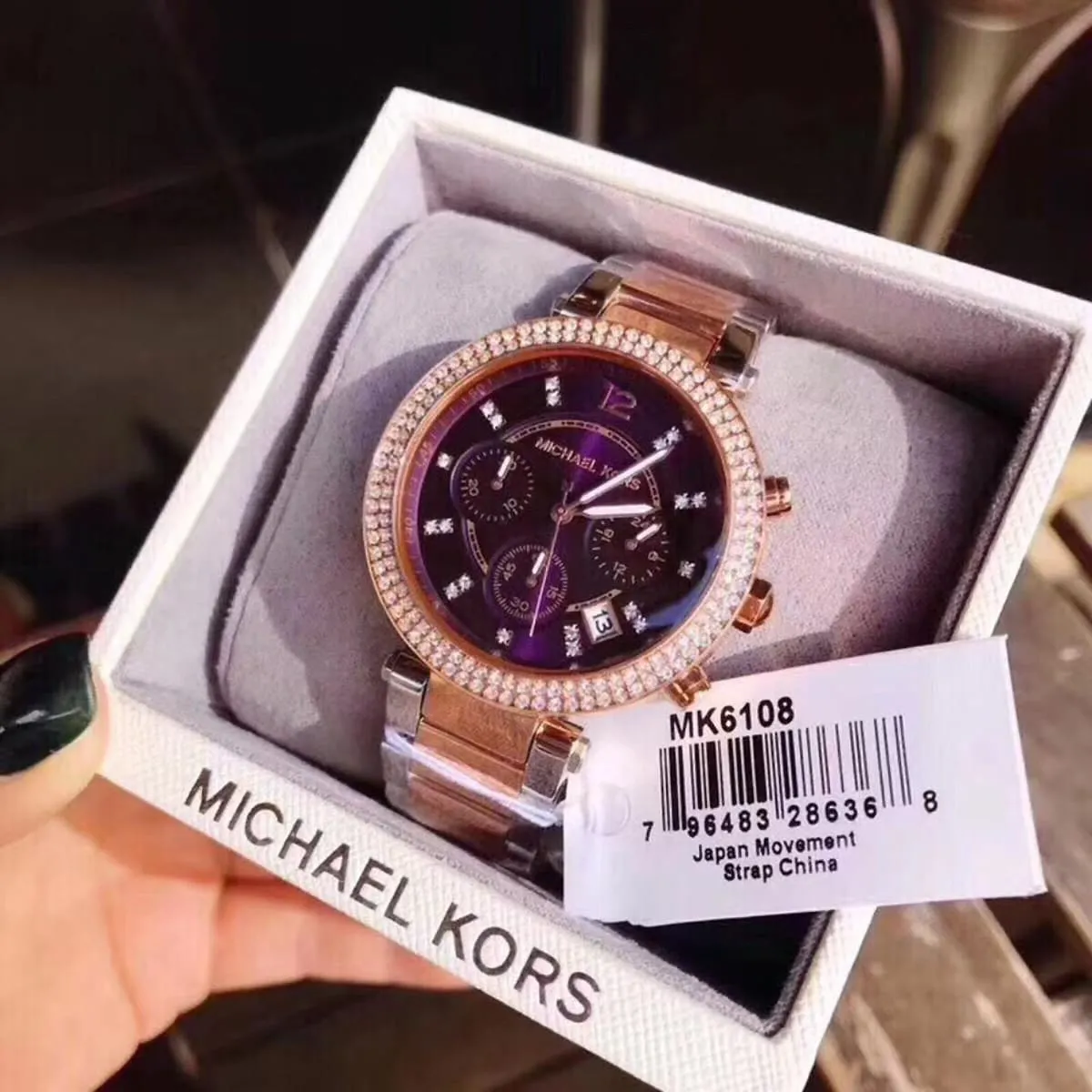 mk6108 michael kors watch women crystals purple dial metal stainless steel silver rose gold two tone strap quartz battery analog chronograph parker 7 mk6108 michael kors watch women crystals purple dial metal stainless steel silver rose gold two tone strap quartz battery analog chronograph parker 7