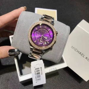 mk6108 michael kors watch women crystals purple dial metal stainless steel silver rose gold two tone strap quartz battery analog chronograph parker 8
