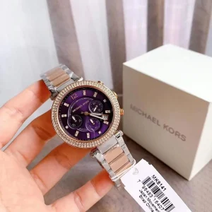 mk6108 michael kors watch women crystals purple dial metal stainless steel silver rose gold two tone strap quartz battery analog chronograph parker 9