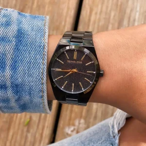 mk6625 michael kors watch women black dial metal stainless steel strap quartz battery analog three hand channing 6