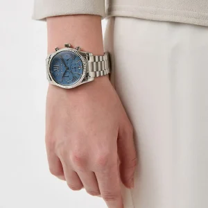 mk7215 michael kors watch women blue dial metal stainless steel silver strap quartz battery analog chronograph lexington 12