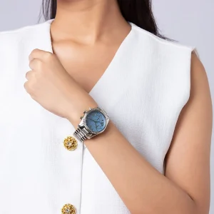mk7215 michael kors watch women blue dial metal stainless steel silver strap quartz battery analog chronograph lexington 13