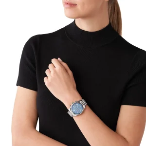 mk7215 michael kors watch women blue dial metal stainless steel silver strap quartz battery analog chronograph lexington 14