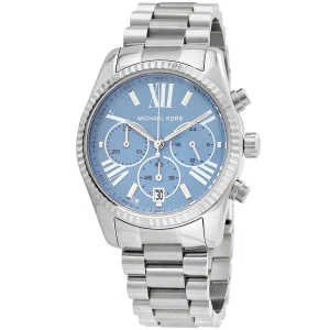 mk7215 michael kors watch women blue dial metal stainless steel silver strap quartz battery analog chronograph lexington 2