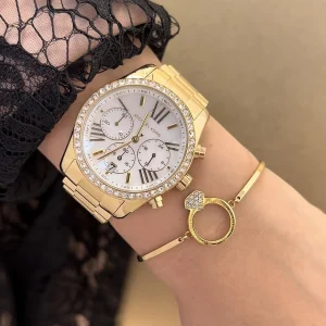 mk7241 michael kors watch women mother of pearl crystals white dial metal stainless steel gold strap quartz battery analog chronograph lexington 10