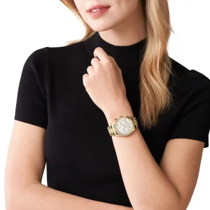 mk7241 michael kors watch women mother of pearl crystals white dial metal stainless steel gold strap quartz battery analog chronograph lexington 14