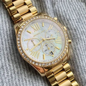 mk7241 michael kors watch women mother of pearl crystals white dial metal stainless steel gold strap quartz battery analog chronograph lexington 15