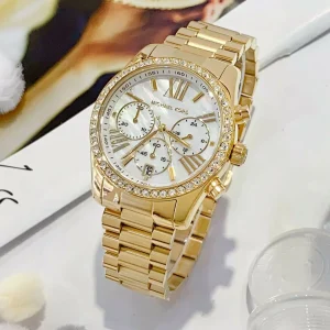 mk7241 michael kors watch women mother of pearl crystals white dial metal stainless steel gold strap quartz battery analog chronograph lexington 16