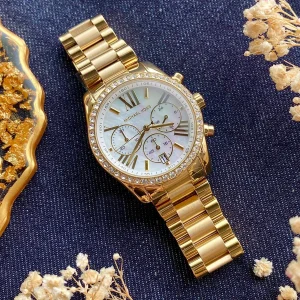 mk7241 michael kors watch women mother of pearl crystals white dial metal stainless steel gold strap quartz battery analog chronograph lexington 17
