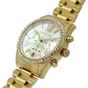mk7241 michael kors watch women mother of pearl crystals white dial metal stainless steel gold strap quartz battery analog chronograph lexington 2