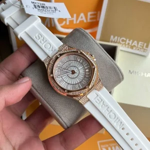 mk7248 michael kors watch women crystals white dial rubber strap quartz battery analog three hand camille 6
