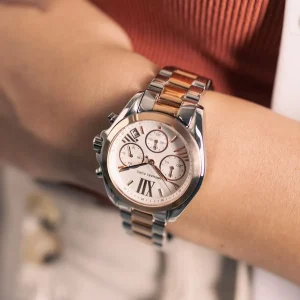 mk7258 michael kors watch women white dial metal stainless steel silver rose gold two tone strap quartz battery analog chronograph bradshaw 12