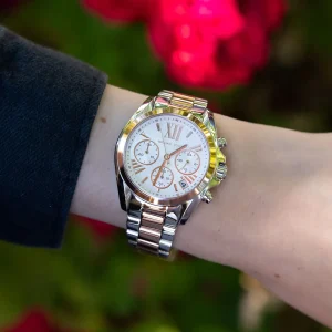 mk7258 michael kors watch women white dial metal stainless steel silver rose gold two tone strap quartz battery analog chronograph bradshaw 13
