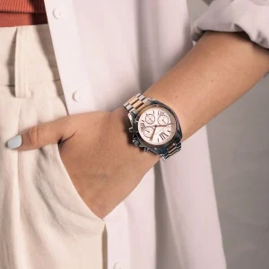 mk7258 michael kors watch women white dial metal stainless steel silver rose gold two tone strap quartz battery analog chronograph bradshaw 14