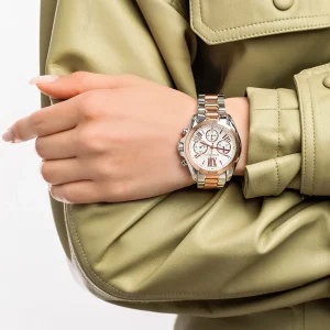 mk7258 michael kors watch women white dial metal stainless steel silver rose gold two tone strap quartz battery analog chronograph bradshaw 15