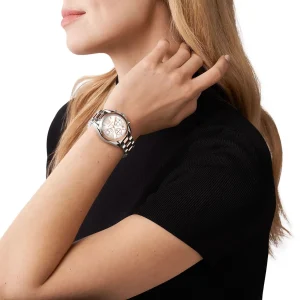 mk7258 michael kors watch women white dial metal stainless steel silver rose gold two tone strap quartz battery analog chronograph bradshaw 17