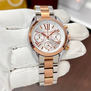 mk7258 michael kors watch women white dial metal stainless steel silver rose gold two tone strap quartz battery analog chronograph bradshaw 18