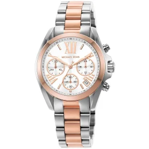 mk7258 michael kors watch women white dial metal stainless steel silver rose gold two tone strap quartz battery analog chronograph bradshaw 2