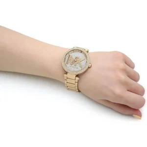 mk7283 michael kors watch women gold dial metal stainless steel golden strap quartz battery analog three hand mk logo crystals parker 8
