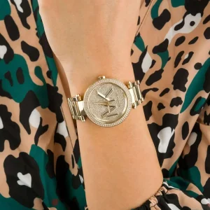 mk7283 michael kors watch women gold dial metal stainless steel golden strap quartz battery analog three hand mk logo crystals parker 9