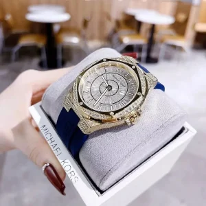 mk7333 michael kors watch women crystals white dial rubber blue strap quartz battery analog three hand camille 10