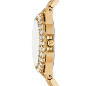 mk7394 michael kors watch women crystals black dial metal stainless steel gold strap quartz battery analog three hand lennox 2