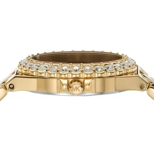 mk7394 michael kors watch women crystals black dial metal stainless steel gold strap quartz battery analog three hand lennox 3