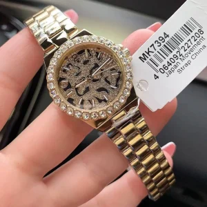 mk7394 michael kors watch women crystals black dial metal stainless steel gold strap quartz battery analog three hand lennox 7